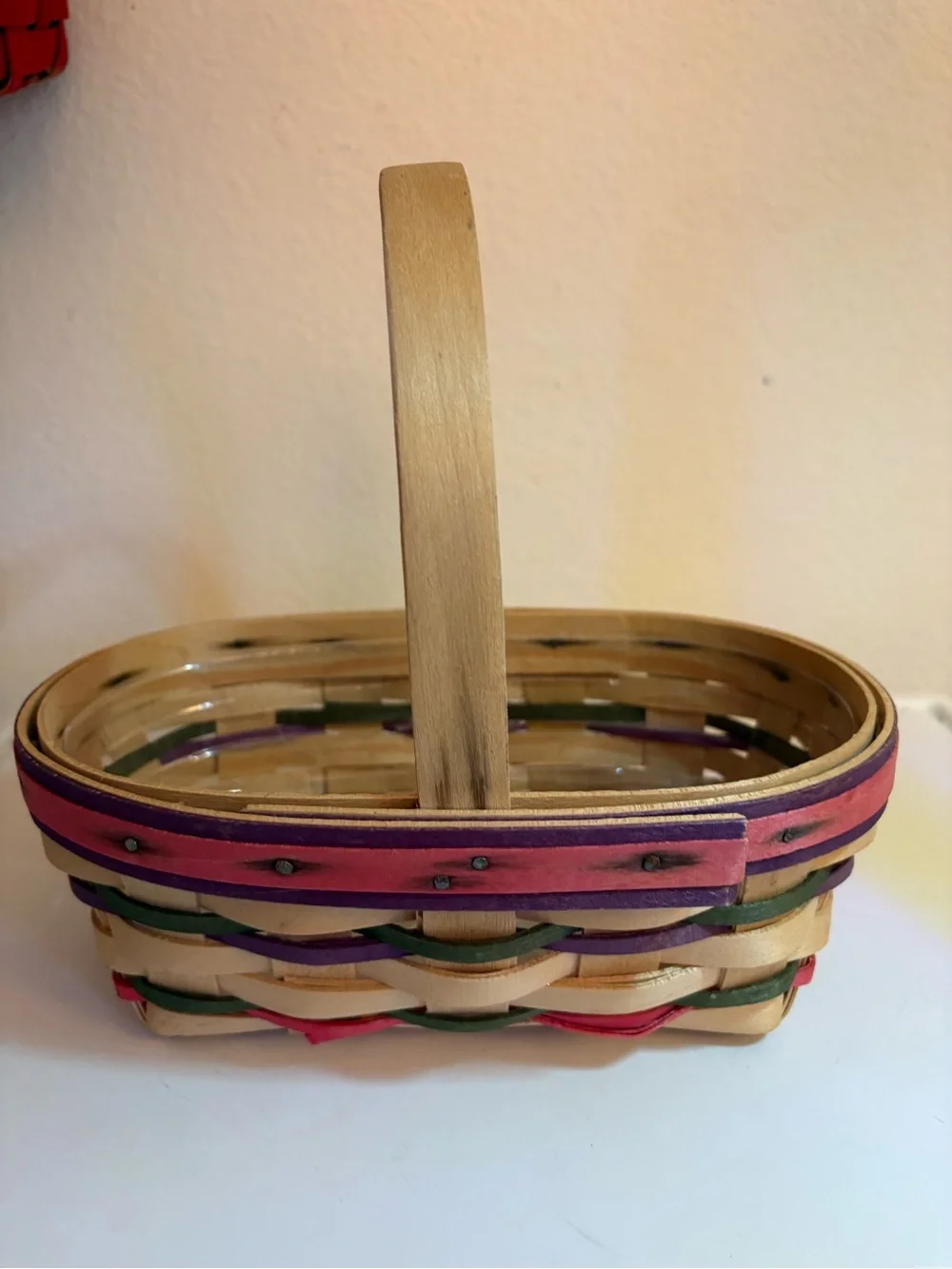 Vintage Longaberger 1996 Easter Basket & Protector, Pink, Green & Purple Accents
